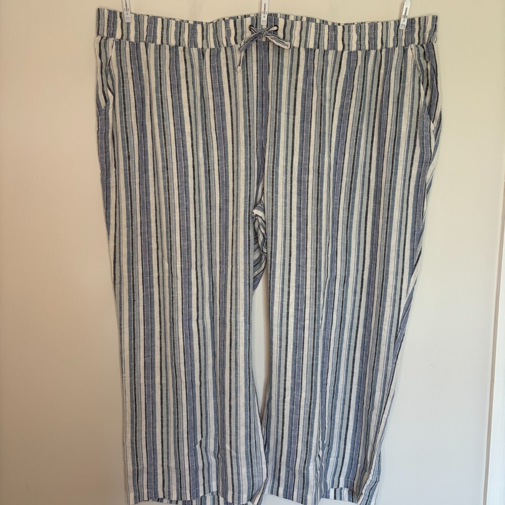 Striped Blue & White Wide-Leg Women's Pants Linen Blend 5XP
